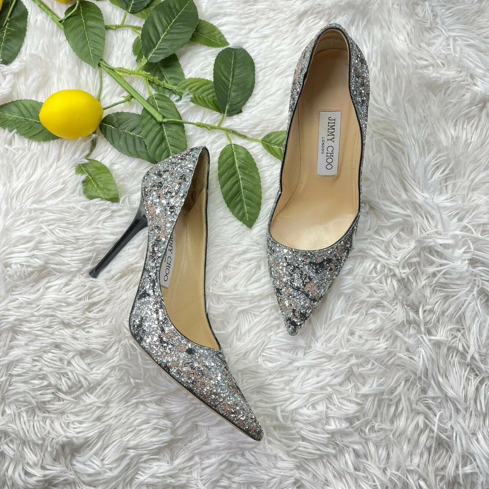 Jimmy Choo Glitter Metallic Romy 100 Pointed Heel (4 inch heel)
